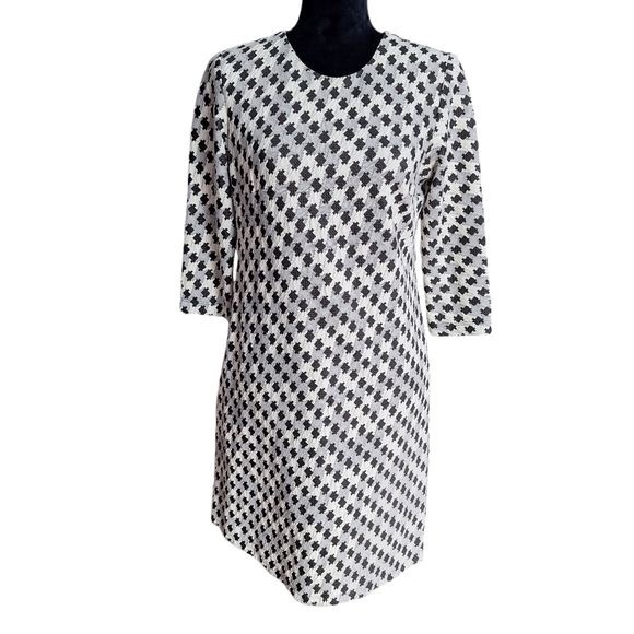 Just Taylor Sz 8 Black White Houndstooth 3/4 Sleeve‎ A-line Shift Dress Pockets - Picture 1 of 15